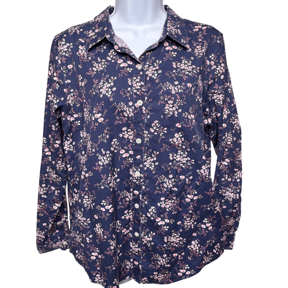 L.L. BEAN Womens Navy Blue Floral Button Down Shirt M Wrinkle Free Cottagecore